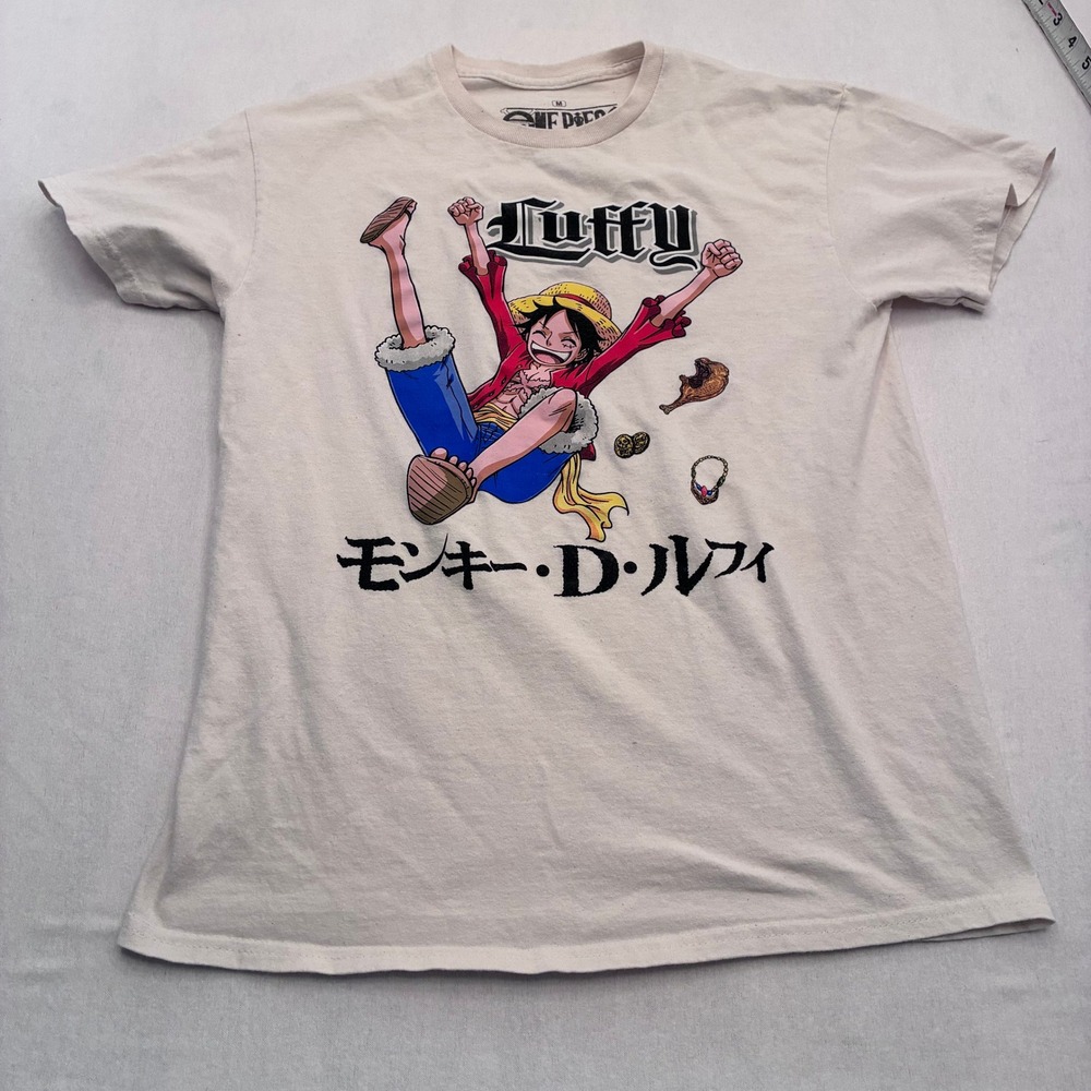 One Piece Monkey D Luffy Anime Graphic T-Shirt Mens Medium Cream Short Sleeve